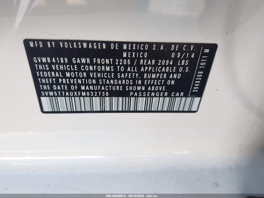 2015 Volkswagen Golf Gti 2.0T Se 4-Door VIN: 3VW5T7AUXFM032738 Lot: 45385512