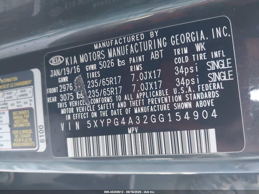 2016 Kia Sorento 2.4L Lx VIN: 5XYPG4A32GG154904 Lot: 45385612