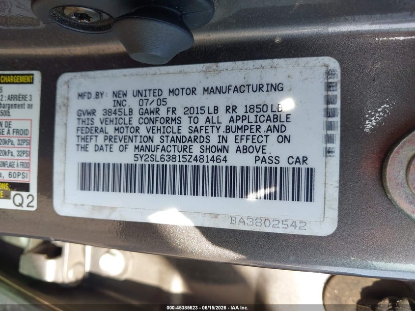 2005 Pontiac Vibe VIN: 5Y2SL63815Z481464 Lot: 45385623