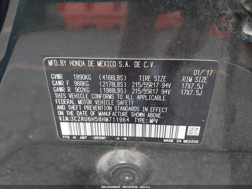 2017 Honda Hr-V Ex VIN: 3CZRU6H58HM711964 Lot: 45385645