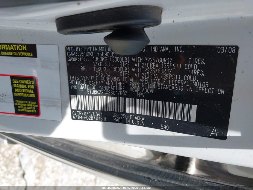 2008 Toyota Sienna Limited VIN: 5TDBK22CX8S017807 Lot: 45385667