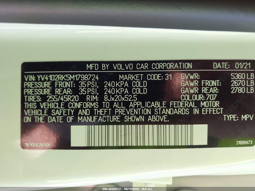 2021 Volvo Xc60 T5 Momentum VIN: YV4102RK5M1798724 Lot: 45385721