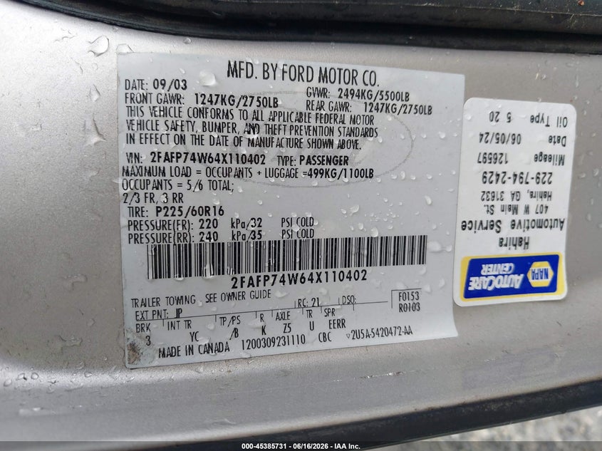 2004 Ford Crown Victoria Lx VIN: 2FAFP74W64X110402 Lot: 45385731