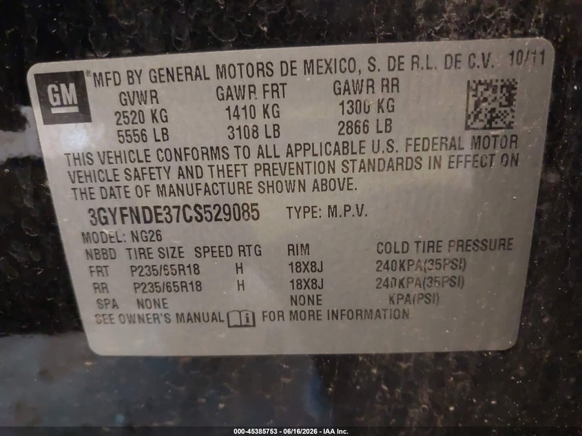 2012 CADILLAC SRX SPORT UTILITY VEHICLE 3.6L V-6 DI, DOHC, VVT, 308HP