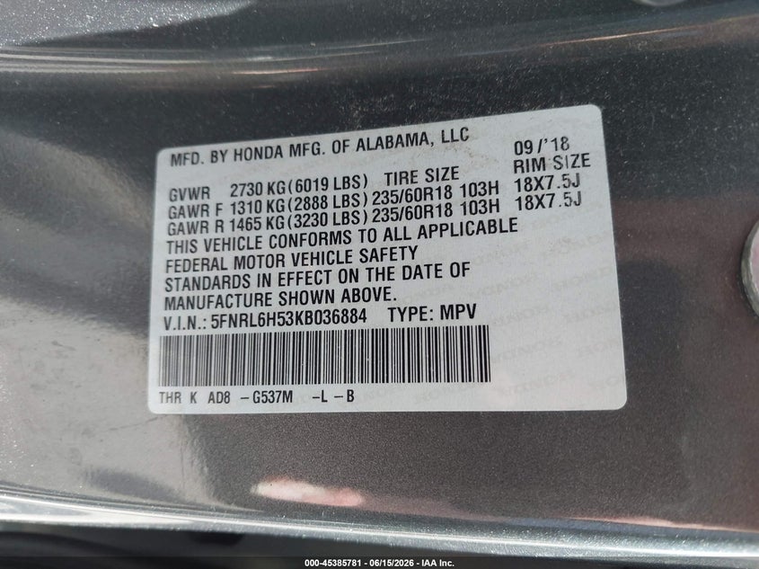 VIN 5FNRL6H53KB036884 2019 HONDA ODYSSEY EX