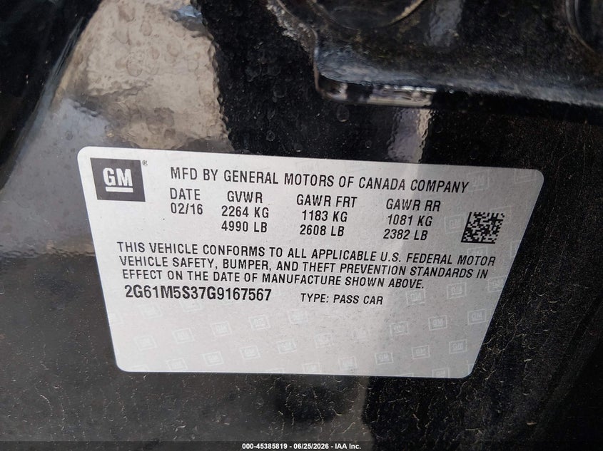 2016 Cadillac Xts Luxury Collection VIN: 2G61M5S37G9167567 Lot: 45385819