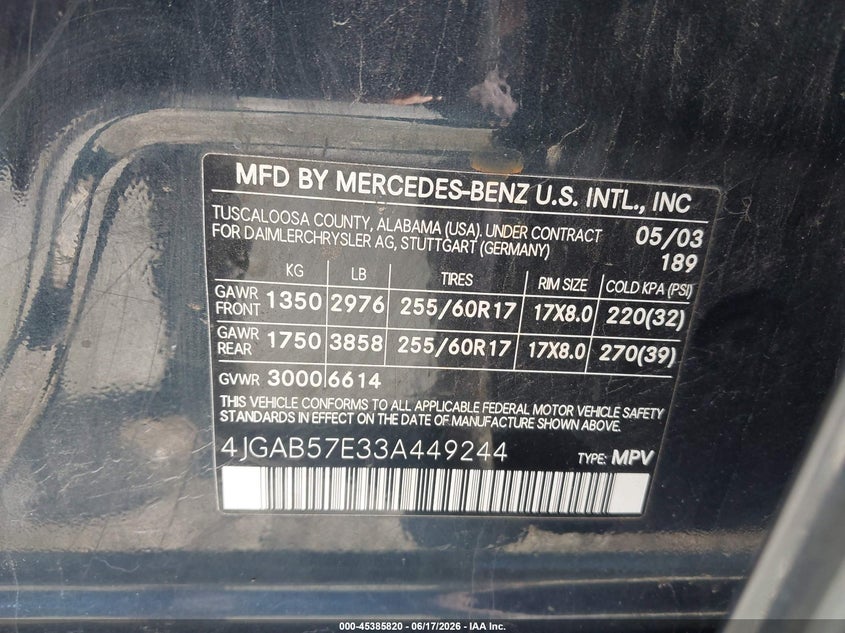 2003 Mercedes-Benz Ml 350 VIN: 4JGAB57E33A449244 Lot: 45385820