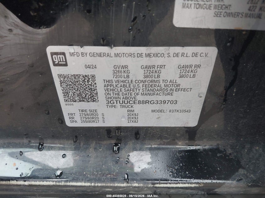 2024 GMC Sierra 1500 VIN: 3GTUUCE88RG339703 Lot: 45385828
