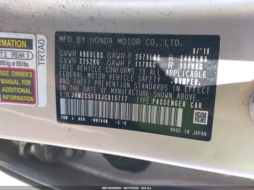 2018 Honda Clarity Plug-In Hybrid Touring VIN: JHMZC5F33JC015717 Lot: 45385860