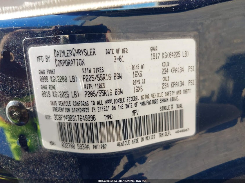 2001 Chrysler Pt Cruiser VIN: 3C8FY4BB31T649996 Lot: 45385904