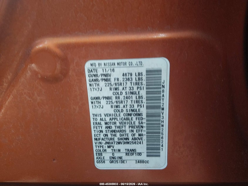 2017 Nissan Rogue Sv VIN: JN8AT2MV3HW256241 Lot: 45385933