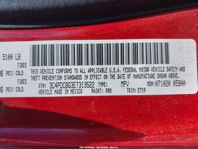 2014 Dodge Journey Sxt VIN: 3C4PDCBG3ET313522 Lot: 45386064