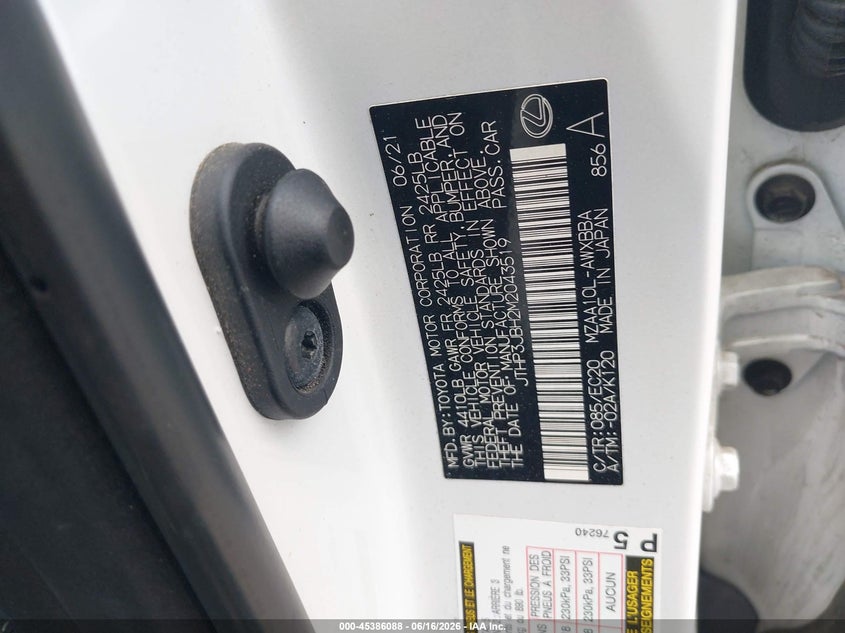 2021 Lexus Ux 200 VIN: JTHP3JBH2M2043519 Lot: 45386088