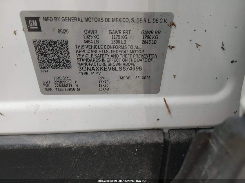 VIN 3GNAXKEV6LS674996 2020 CHEVROLET EQUINOX FWD LT 1.5L TURBO