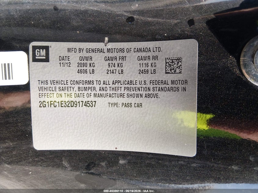 2013 Chevrolet Camaro 2Lt VIN: 2G1FC1E32D9174537 Lot: 45386110