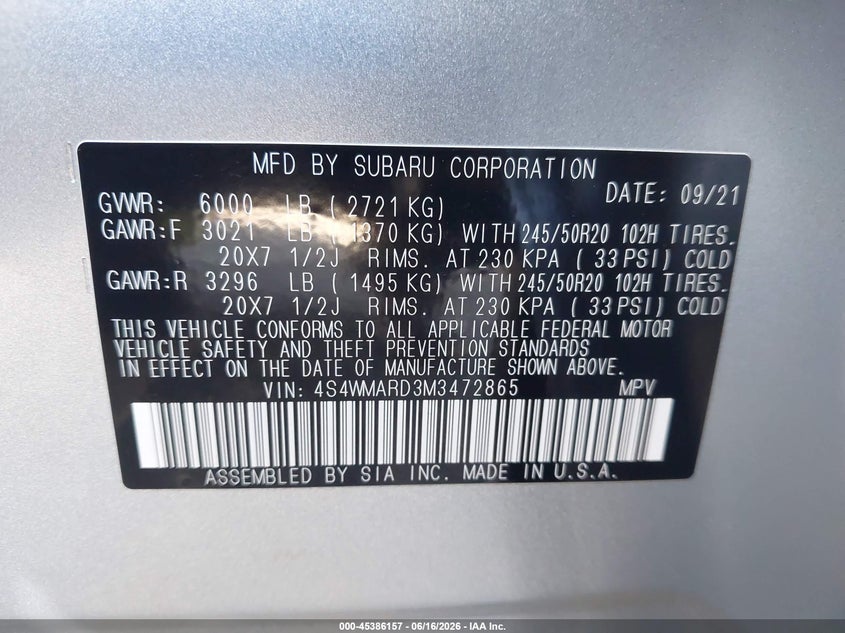 2021 Subaru Ascent Touring VIN: 4S4WMARD3M3472865 Lot: 45386157