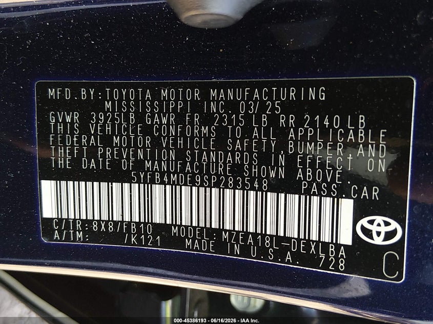 TOYOTA COROLLA 2025 VIN 5YFB4MDE9SP283548