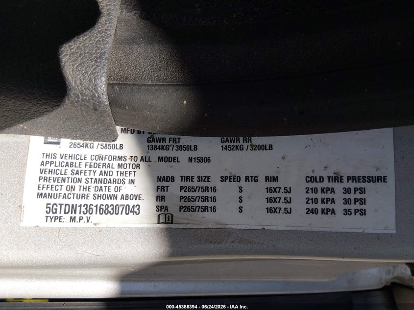 2006 Hummer H3 Suv VIN: 5GTDN136168307043 Lot: 45386394