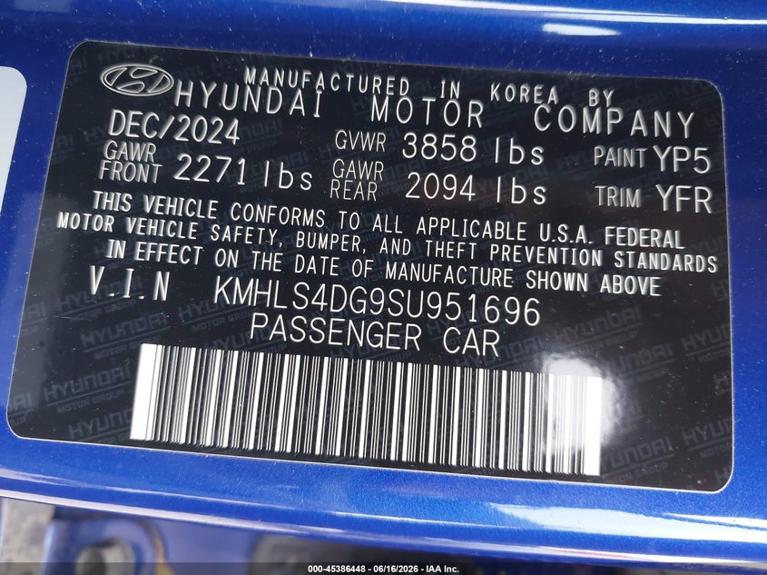 VIN KMHLS4DG9SU951696 2025 HYUNDAI ELANTRA SEL CONVENIENCE