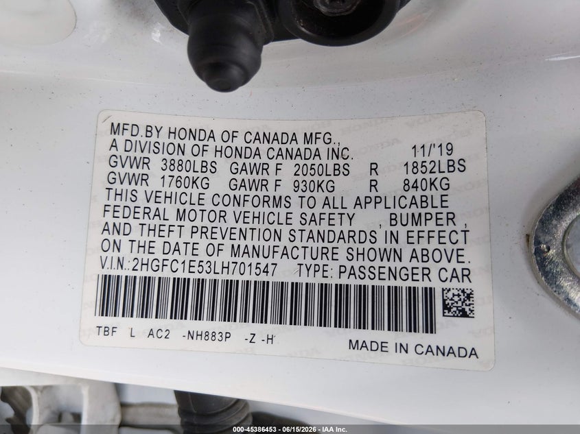 VIN 2HGFC1E53LH701547 2020 HONDA CIVIC SI SEDAN
