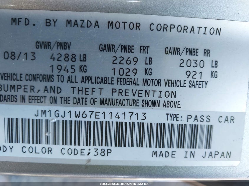 2014 Mazda Mazda6 I Grand Touring VIN: JM1GJ1W67E1141713 Lot: 45386456
