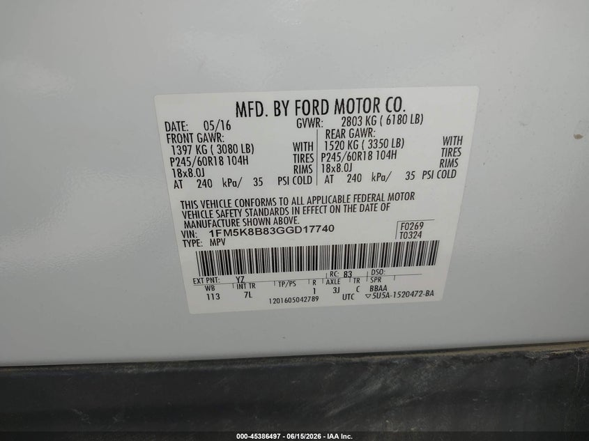 2016 Ford Explorer VIN: 1FM5K8B83GGD17740 Lot: 45386497