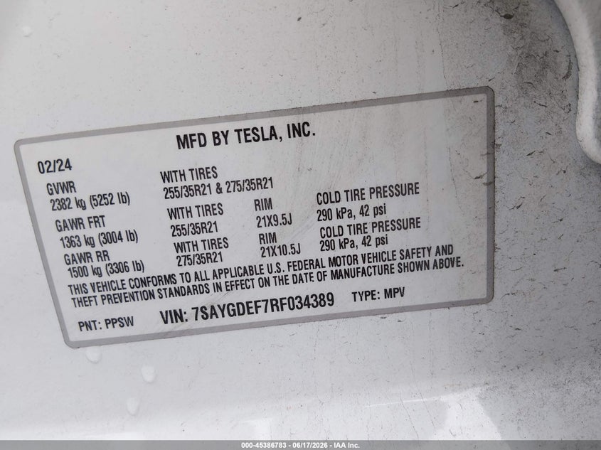 2024 Tesla Model Y Performance Dual Motor All-Wheel Drive VIN: 7SAYGDEF7RF034389 Lot: 45386783