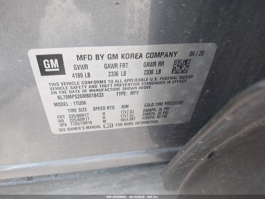 VIN KL79MPS26MB018433 2021 CHEVROLET TRAILBLAZER FWD LT