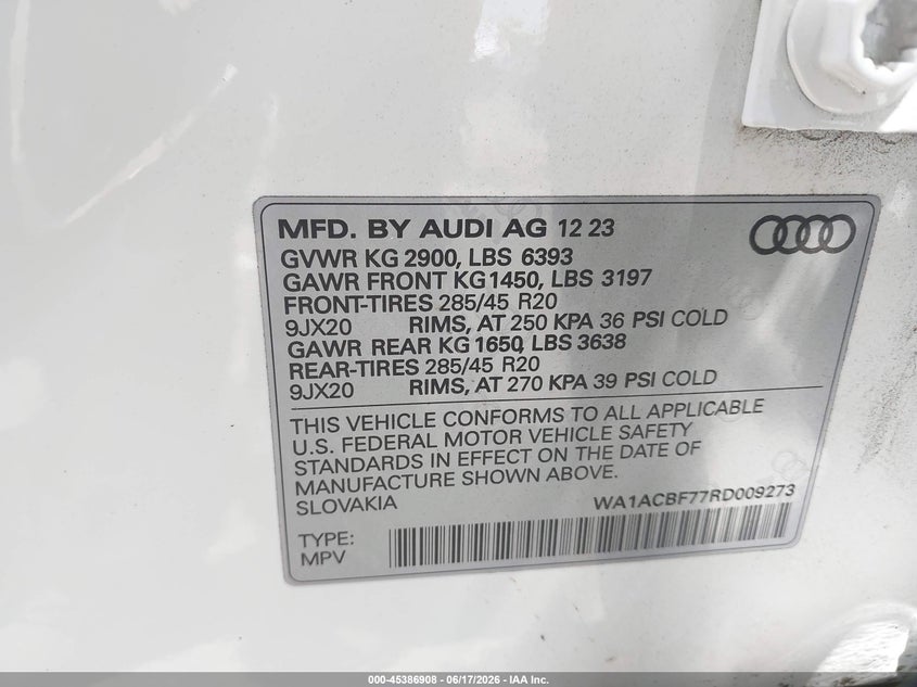 2024 Audi Q7 Premium 45 Tfsi Quattro Tiptronic VIN: WA1ACBF77RD009273 Lot: 45386908