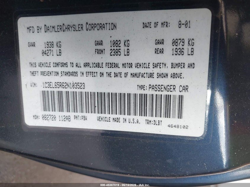 2002 Chrysler Sebring Limited VIN: 1C3EL65R62N103523 Lot: 45387019