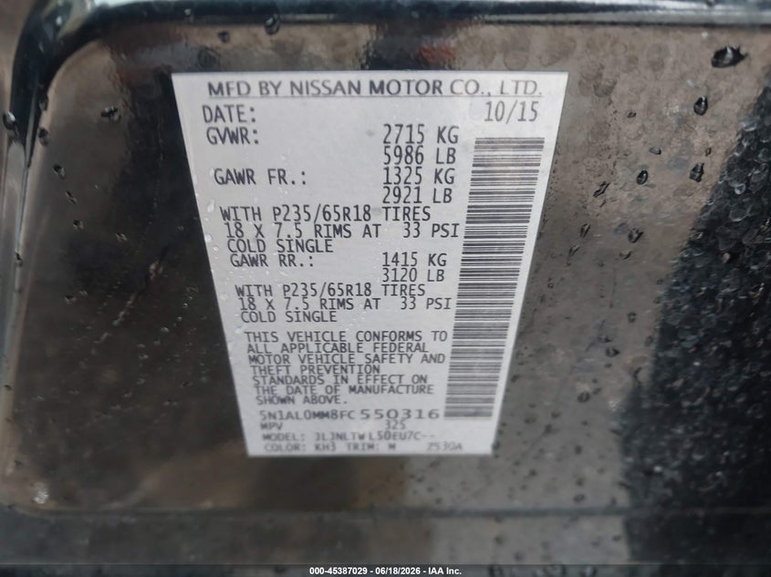 2015 Infiniti Qx60 VIN: 5N1AL0MM8FC550316 Lot: 45387029