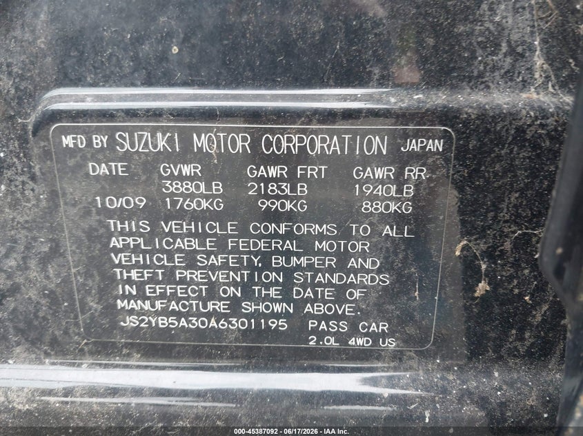 2010 Suzuki Sx4 Technology VIN: JS2YB5A30A6301195 Lot: 45387092