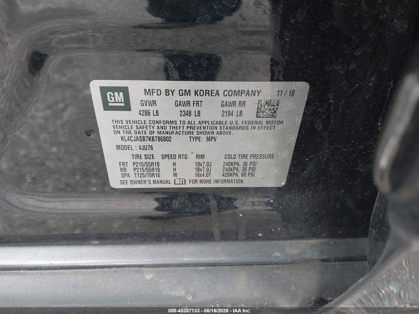 2019 Buick Encore Fwd Preferred VIN: KL4CJASB7KB786802 Lot: 45387133