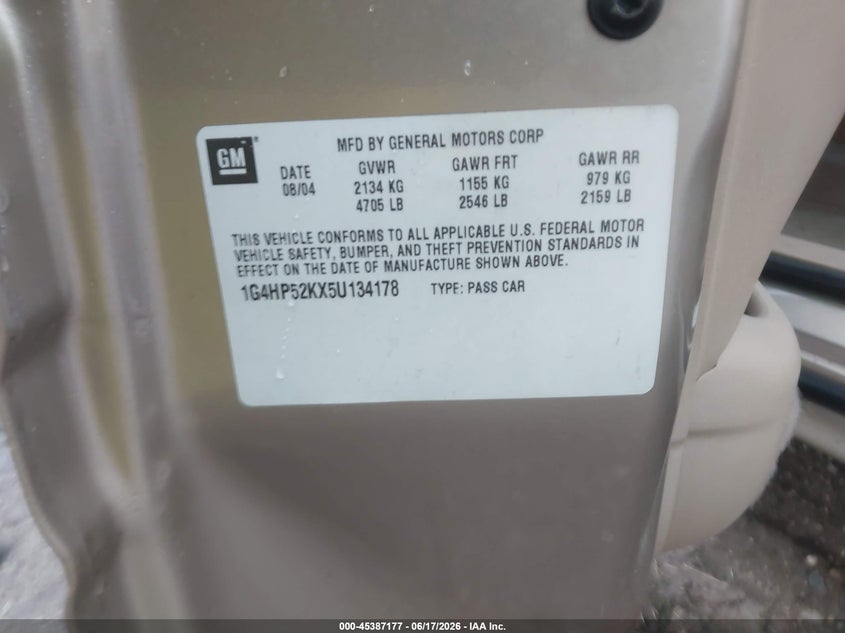 2005 Buick Lesabre Custom VIN: 1G4HP52KX5U134178 Lot: 45387177