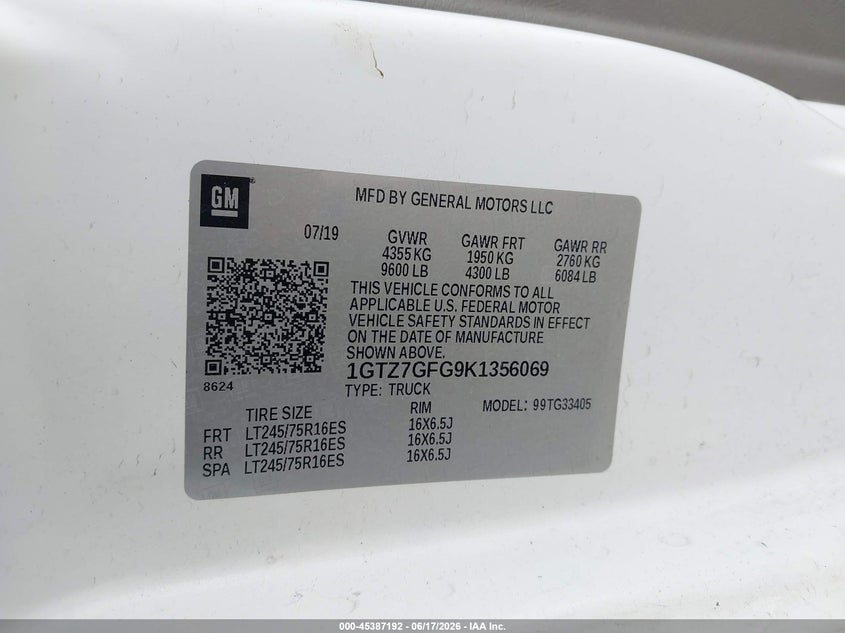 2019 GMC Savana 3500 Work Van VIN: 1GTZ7GFG9K1356069 Lot: 45387192