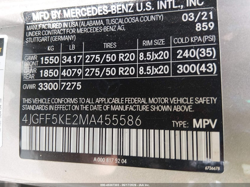 2021 Mercedes-Benz Gls 450 4Matic VIN: 4JGFF5KE2MA455586 Lot: 45387303