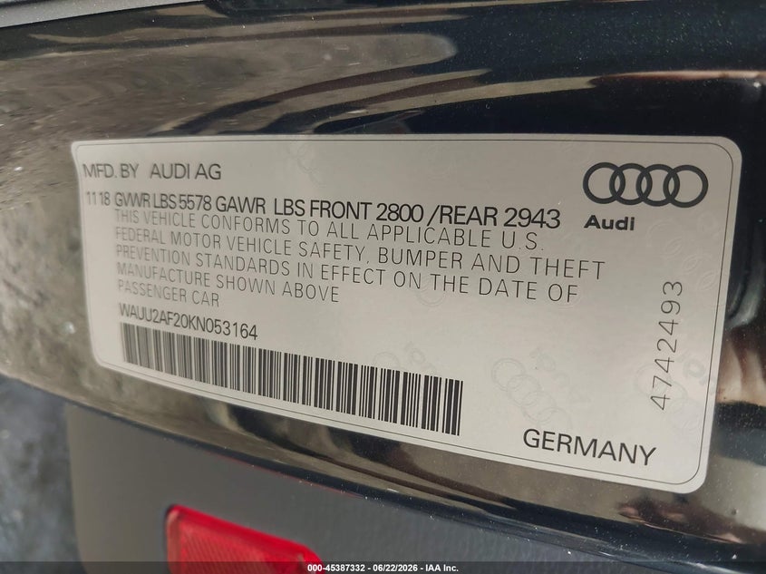 2019 Audi A7 55 Premium VIN: WAUU2AF20KN053164 Lot: 45387332