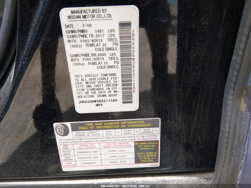 2006 Infiniti Fx35 VIN: JNRAS08W36X211586 Lot: 45387361