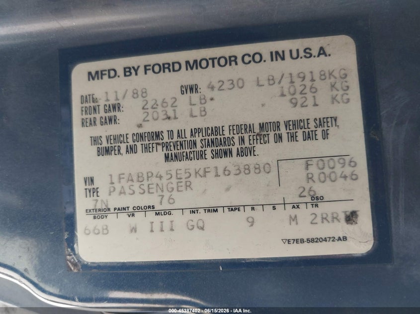 1989 FORD MUSTANG CABRIO 5.0L V8 FI OHV F