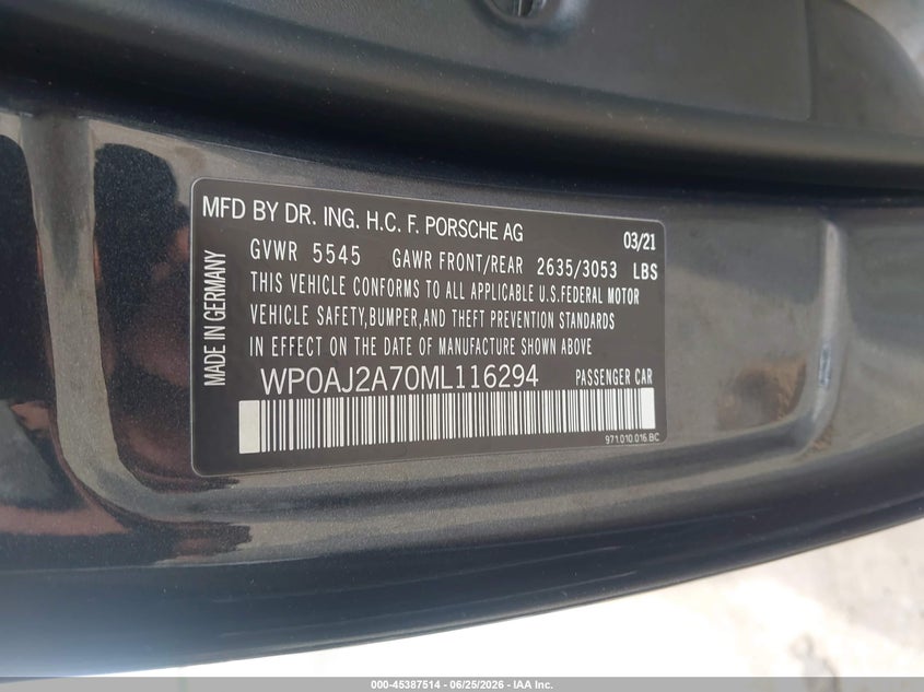 2021 Porsche Panamera 4 VIN: WP0AJ2A70ML116294 Lot: 45387514
