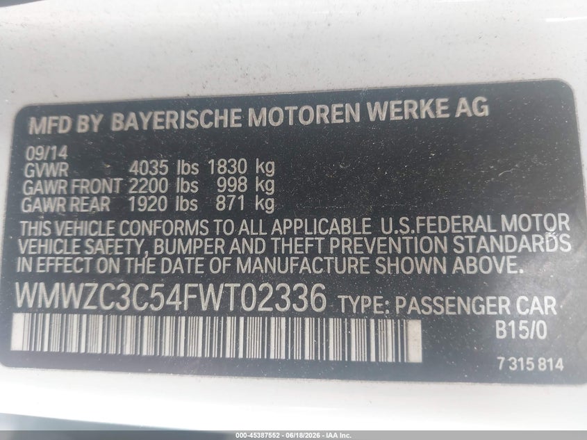 2015 Mini Countryman Cooper S VIN: WMWZC3C54FWT02336 Lot: 45387552