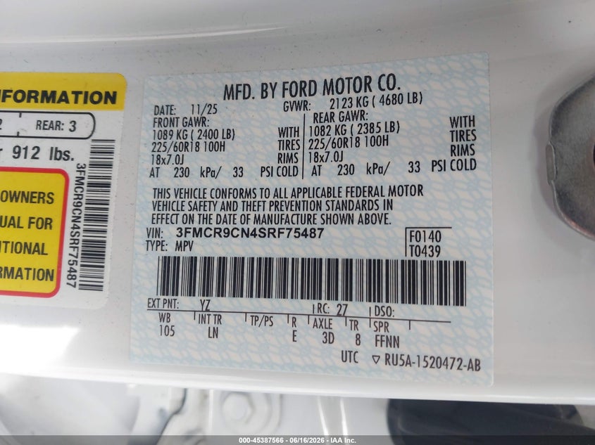 2025 Ford Bronco Sport Outer Banks VIN: 3FMCR9CN4SRF75487 Lot: 45387566