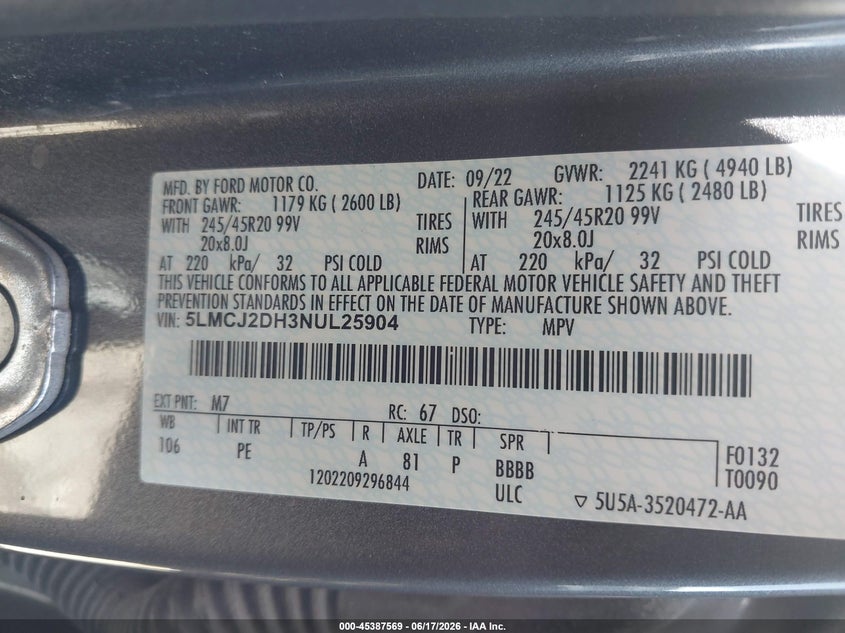 2022 Lincoln Corsair Reserve VIN: 5LMCJ2DH3NUL25904 Lot: 45387569