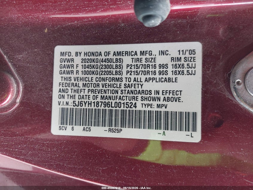2006 Honda Element Ex-P VIN: 5J6YH18796L001524 Lot: 45387618