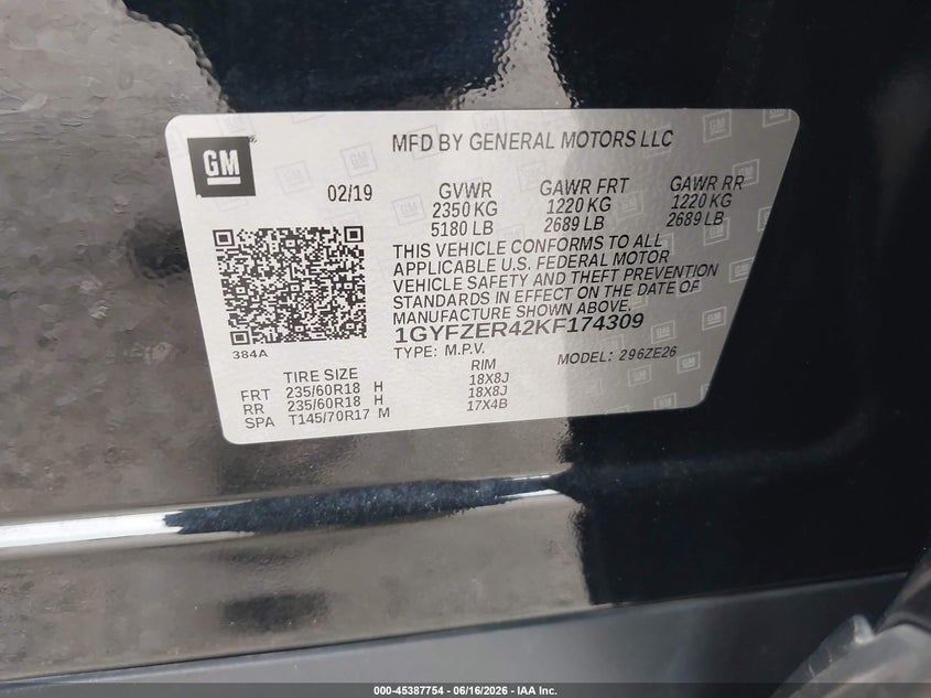 2019 Cadillac Xt4 Sport VIN: 1GYFZER42KF174309 Lot: 45387754