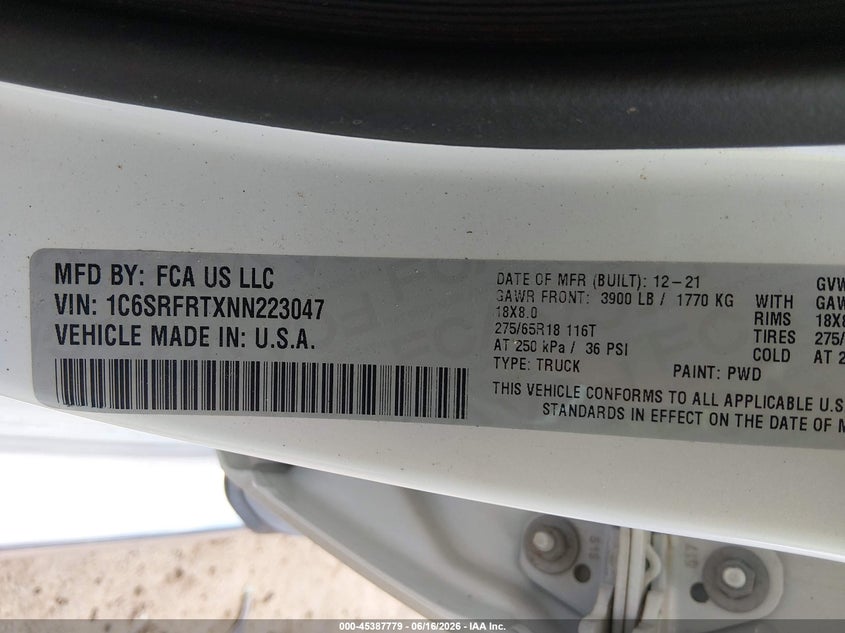 RAM 1500 2022 VIN 1C6SRFRTXNN223047