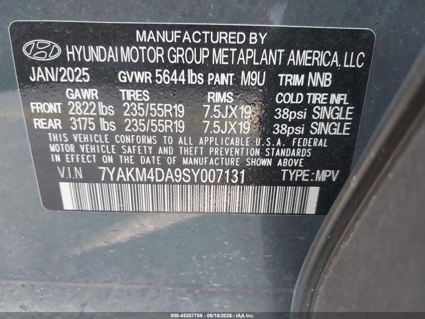 2025 Hyundai Ioniq 5 Se VIN: 7YAKM4DA9SY007131 Lot: 45387786