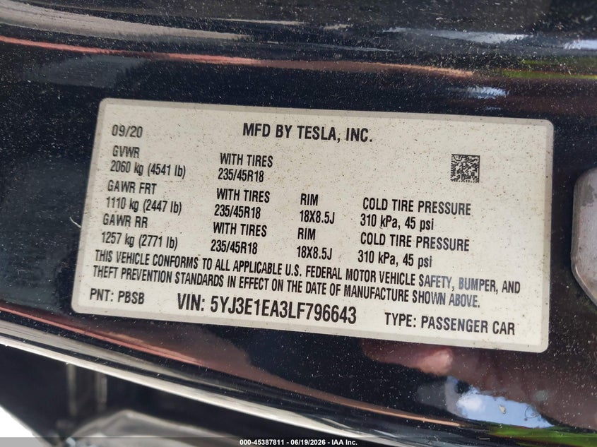 TESLA MODEL 3 2020 VIN 5YJ3E1EA3LF796643