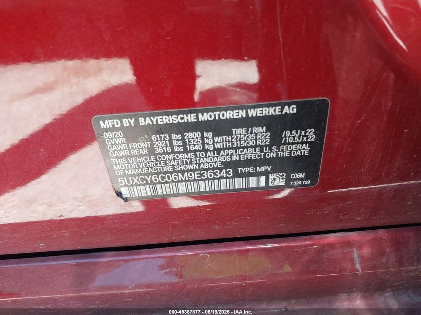 2021 BMW X6 xDrive40I VIN: 5UXCY6C06M9E36343 Lot: 45387877