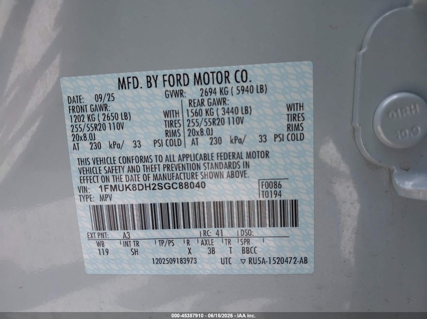 2025 Ford Explorer Active VIN: 1FMUK8DH2SGC88040 Lot: 45387910